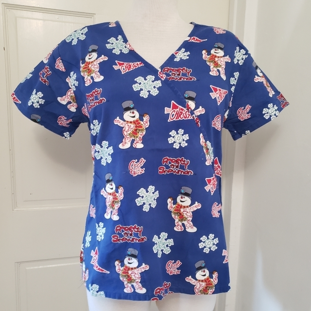 Frosty The Snowman Blue V Neck Women's Scrub Top   Size S  NWOT